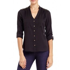 Bebe 2B Black Lace Back Button Up Blouse